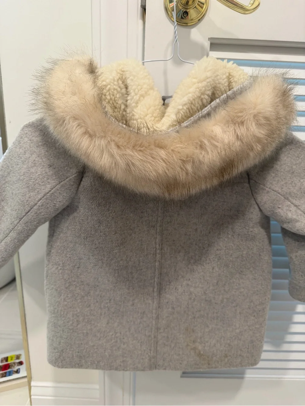 Crewcuts Girls Gray Wool-Blend Pea Coat with Faux Fur Hood Trim Size 3